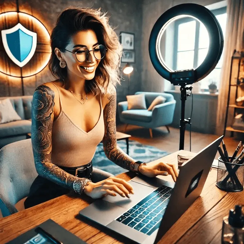 Confident female content creator at her stylish home office, smiling at her laptop.