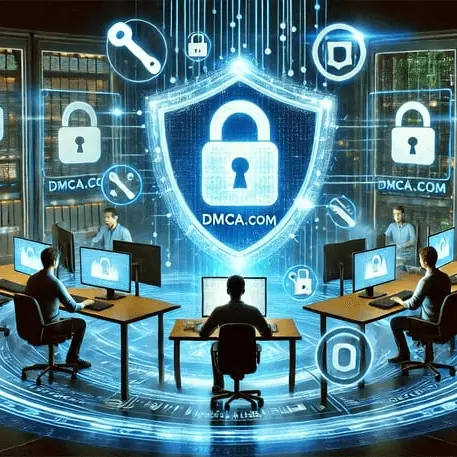 DMCA.com cyber-shield protecting developers with security locks, copyright symbols, and a futuristic digital environment.