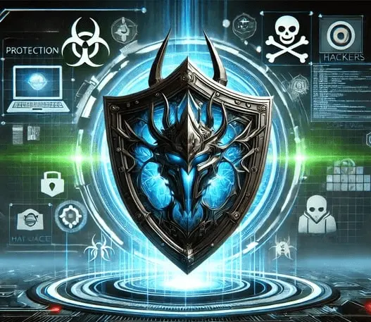 Futuristic cybersecurity shield protecting digital content from piracy, with glowing blue and green lights in a high-tech cyber environment.