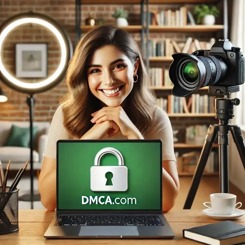 woman showing laptop protected by dmca.com