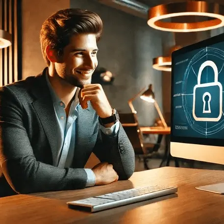 man happy looking at computer screen with protection lock